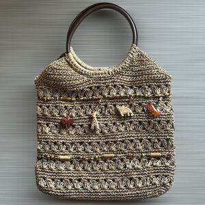 Handwoven Straw Tote with Animal Charms - Natural Brown